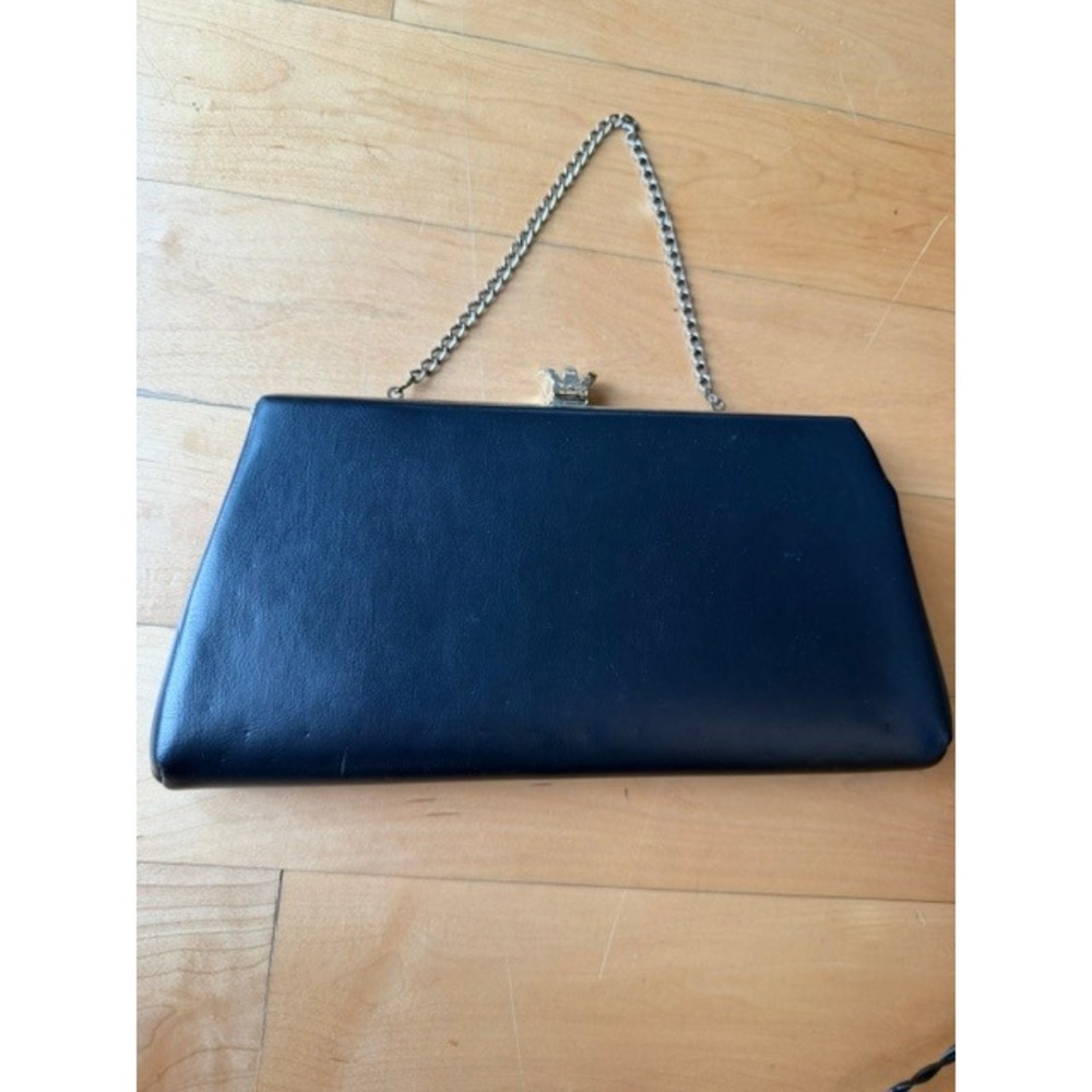 Vintage Navy Blue Evening Clutch Bag Crown Kiss Lock Silver Chain Strap Formal